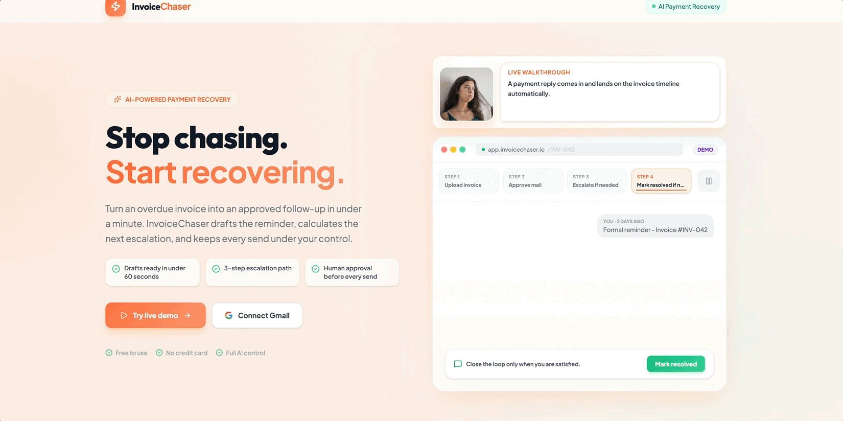 InvoiceChaser walkthrough: client pushback is detected, a late fee is calculated and a firmer escalation draft waits for the freelancer to approve